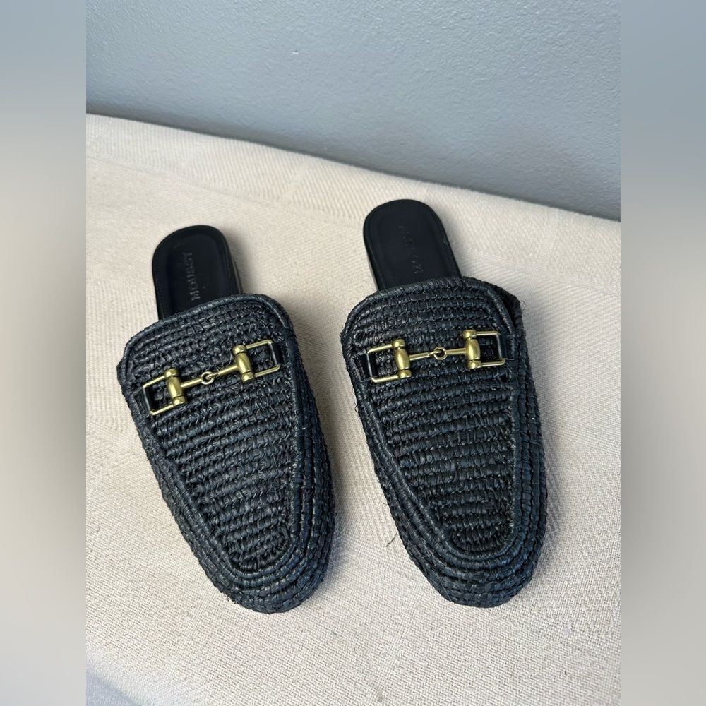 Moussy Rafia Mule Brass Buckles Black Size 7
